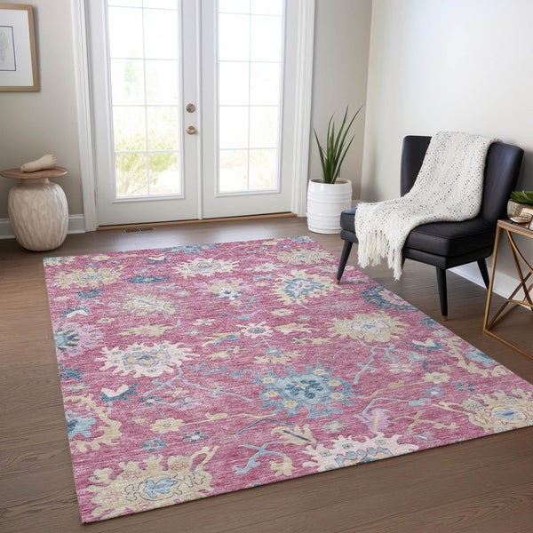 Homeroots 3' Blue Pink And Ivory Floral Washable Area Rug For Indoor And Outdoor Spaces, Durable And Stylish 10' X 14' Polyester 605324