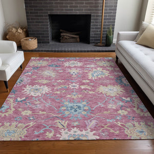 Homeroots 3' Blue Pink And Ivory Floral Washable Area Rug For Indoor And Outdoor Spaces, Durable And Stylish 10' X 14' Polyester 605324