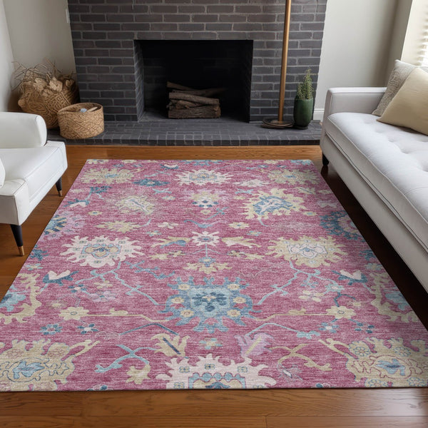Homeroots 3' Blue Pink And Ivory Floral Washable Area Rug For Indoor And Outdoor Spaces, Durable And Stylish 10' X 14' Polyester 605324