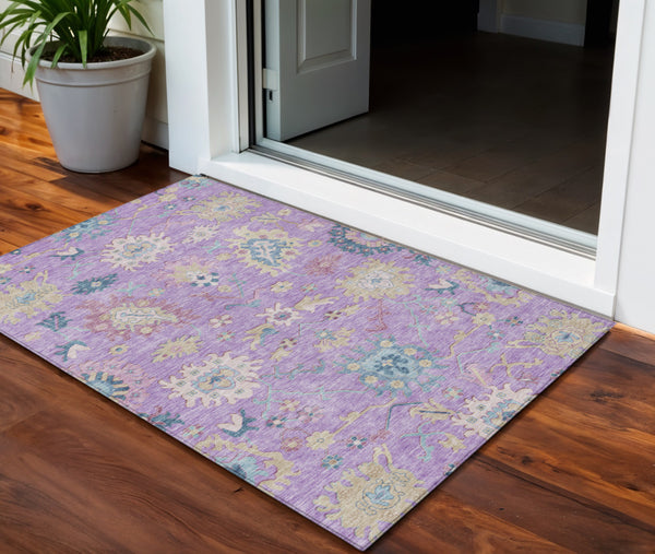 Homeroots 3' Blue Pink And Ivory Floral Washable Area Rug For Indoor And Outdoor Spaces, Durable And Stylish 3' X 5' Polyester 605325