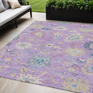 Homeroots 3' Blue Pink And Ivory Floral Washable Area Rug For Indoor And Outdoor Spaces, Durable And Stylish 5' X 8' Polyester 605326