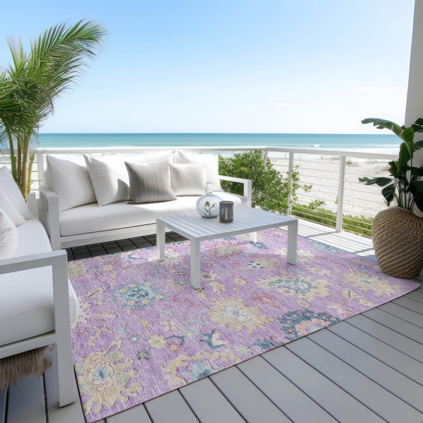 Homeroots 3' Blue Pink And Ivory Floral Washable Area Rug For Indoor And Outdoor Spaces, Durable And Stylish 5' X 8' Polyester 605326