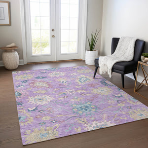 Homeroots 3' Blue Pink And Ivory Floral Washable Area Rug For Indoor And Outdoor Spaces, Durable And Stylish 5' X 8' Polyester 605326