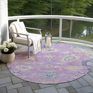 Homeroots 3' Blue Pink And Ivory Floral Washable Area Rug For Indoor And Outdoor Spaces, Durable And Stylish 8' Round Polyester 605327