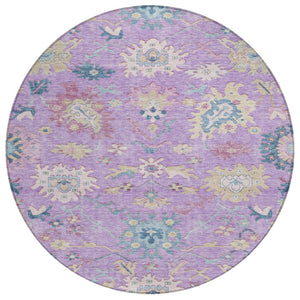 HomeRoots 5' Elegant Floral Washable Area Rug in Purple, Ivory & Denim Blue for Indoor and Outdoor Spaces 8' Round 605327