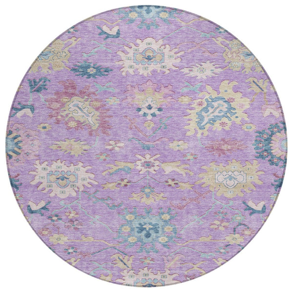 HomeRoots 5' Elegant Floral Washable Area Rug in Purple, Ivory & Denim Blue for Indoor and Outdoor Spaces 8' Round 605327