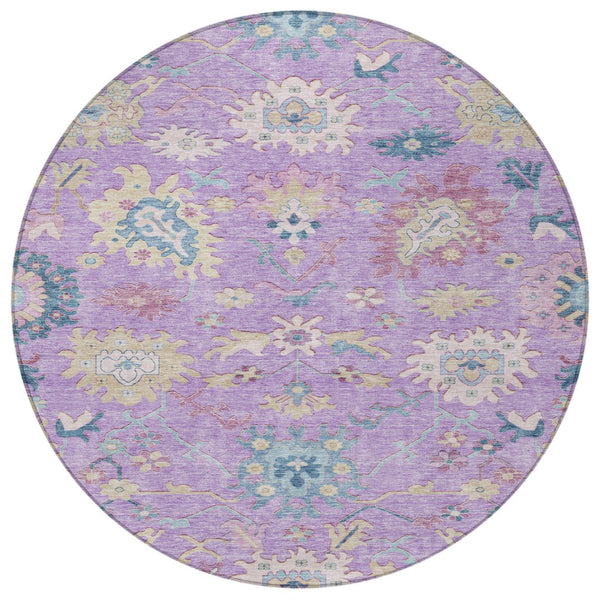 Homeroots 3' Blue Pink And Ivory Floral Washable Area Rug For Indoor And Outdoor Spaces, Durable And Stylish 8' Round Polyester 605327