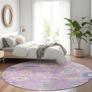 Homeroots 3' Blue Pink And Ivory Floral Washable Area Rug For Indoor And Outdoor Spaces, Durable And Stylish 8' Round Polyester 605327