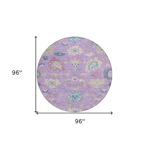 Homeroots 3' Blue Pink And Ivory Floral Washable Area Rug For Indoor And Outdoor Spaces, Durable And Stylish 8' Round Polyester 605327