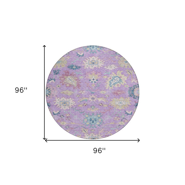 Homeroots 3' Blue Pink And Ivory Floral Washable Area Rug For Indoor And Outdoor Spaces, Durable And Stylish 8' Round Polyester 605327