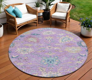 Homeroots 3' Blue Pink And Ivory Floral Washable Area Rug For Indoor And Outdoor Spaces, Durable And Stylish 8' Round Polyester 605327