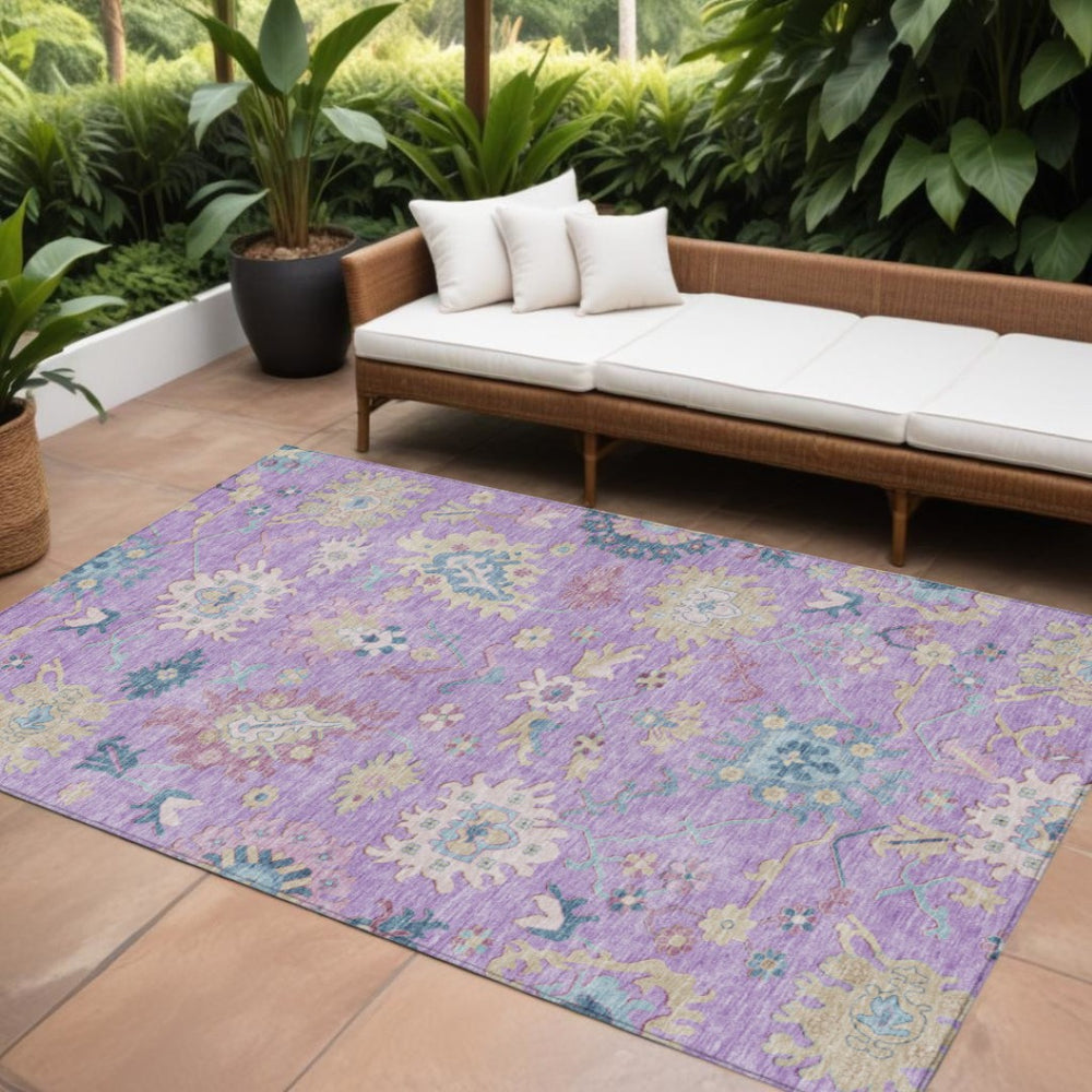 HomeRoots 9' X 12' Washable Floral Area Rug in Purple, Ivory & Denim Blue - Stylish for Indoor & Outdoor Use! 605329