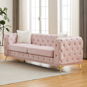 English Elm Fx Chesterfield Velvet Sofa with Diamond Tufting Polished Legs and Accent Pillows Pink W1926S00082