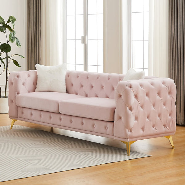 English Elm Fx Chesterfield Velvet Sofa with Diamond Tufting Polished Legs and Accent Pillows Pink W1926S00082