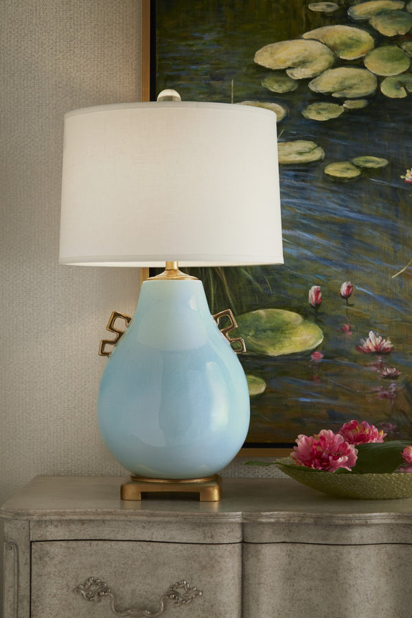 Wildwood Ming Pear-Shaped Table Lamp In Powder Blue Glaze With Geometric Handles And Luxe Gold Leaf Base 60533