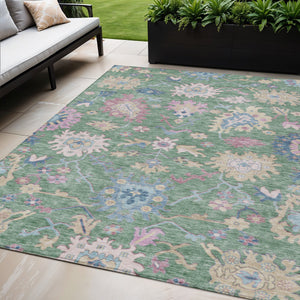 Homeroots 3' Blue Pink And Ivory Floral Washable Area Rug For Indoor And Outdoor Spaces, Durable And Stylish 5' X 8' Polyester 605332
