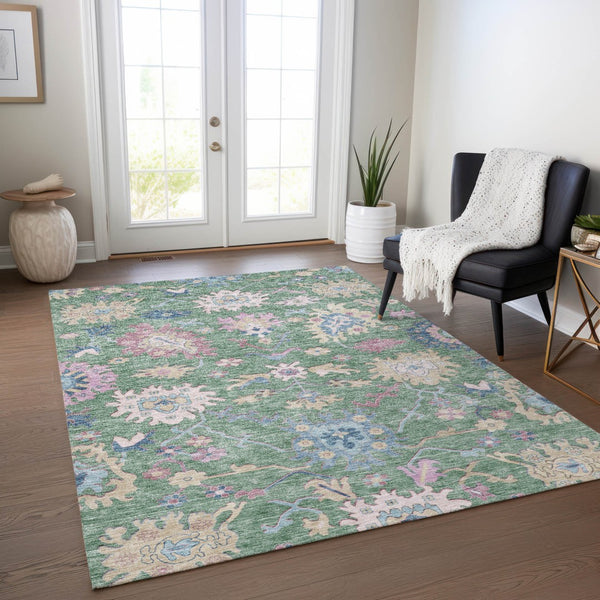 Homeroots 3' Blue Pink And Ivory Floral Washable Area Rug For Indoor And Outdoor Spaces, Durable And Stylish 5' X 8' Polyester 605332