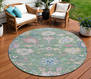 Homeroots 3' Blue Pink And Ivory Floral Washable Area Rug For Indoor And Outdoor Spaces, Durable And Stylish 8' Round Polyester 605333