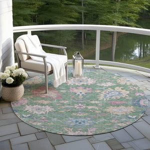 Homeroots 3' Blue Pink And Ivory Floral Washable Area Rug For Indoor And Outdoor Spaces, Durable And Stylish 8' Round Polyester 605333