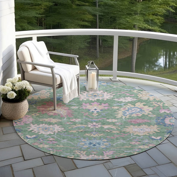 Homeroots 3' Blue Pink And Ivory Floral Washable Area Rug For Indoor And Outdoor Spaces, Durable And Stylish 8' Round Polyester 605333