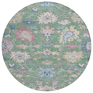 HomeRoots 5' Elegant Sage Ivory and Pink Floral Indoor Outdoor Area Rug – Durable, Washable, Stylish Design 8' Round 605333