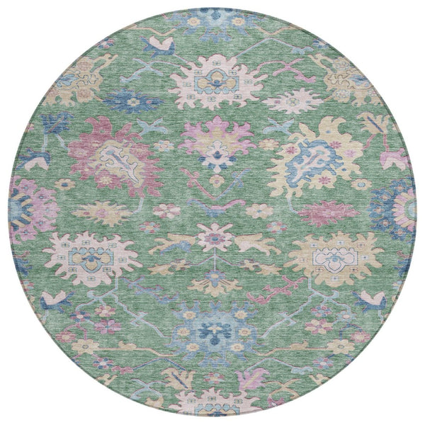 HomeRoots 5' Elegant Sage Ivory and Pink Floral Indoor Outdoor Area Rug – Durable, Washable, Stylish Design 8' Round 605333
