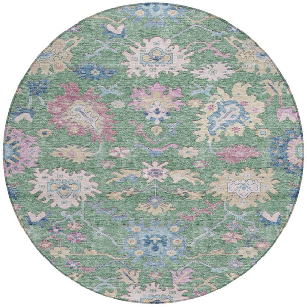 Homeroots 3' Blue Pink And Ivory Floral Washable Area Rug For Indoor And Outdoor Spaces, Durable And Stylish 8' Round Polyester 605333