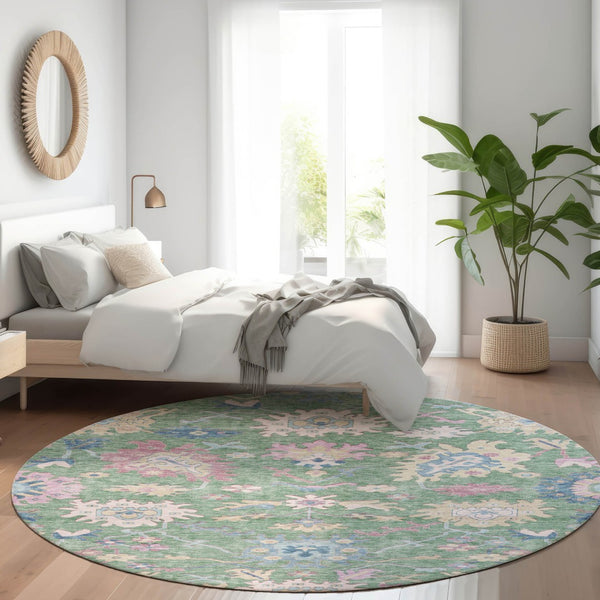 Homeroots 3' Blue Pink And Ivory Floral Washable Area Rug For Indoor And Outdoor Spaces, Durable And Stylish 8' Round Polyester 605333