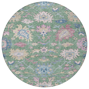 Homeroots 3' Blue Pink And Ivory Floral Washable Area Rug For Indoor And Outdoor Spaces, Durable And Stylish 8' Round Polyester 605333