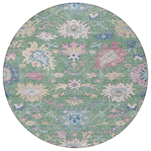 Homeroots 3' Blue Pink And Ivory Floral Washable Area Rug For Indoor And Outdoor Spaces, Durable And Stylish 8' Round Polyester 605333