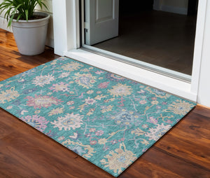 Homeroots 3' Blue Pink And Ivory Floral Washable Area Rug For Indoor And Outdoor Spaces, Durable And Stylish 3' X 5' Polyester 605337