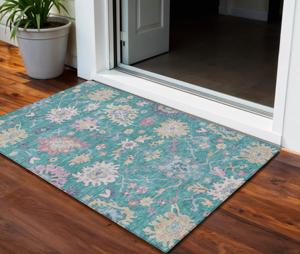 Homeroots 3' Blue Pink And Ivory Floral Washable Area Rug For Indoor And Outdoor Spaces, Durable And Stylish 3' X 5' Polyester 605337