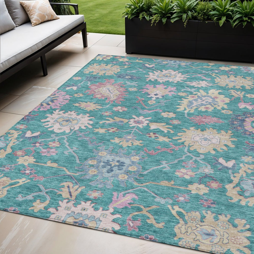 HomeRoots 5' Indoor Outdoor Area Rug in Teal Blue, Pink & Ivory Floral Design - Washable, Durable & Stylish 5' X 8' 605338