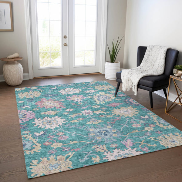 Homeroots 3' Blue Pink And Ivory Floral Washable Area Rug For Indoor And Outdoor Spaces, Durable And Stylish 5' X 8' Polyester 605338