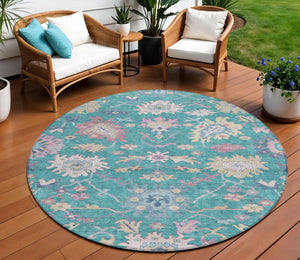 Homeroots 3' Blue Pink And Ivory Floral Washable Area Rug For Indoor And Outdoor Spaces, Durable And Stylish 8' Round Polyester 605339
