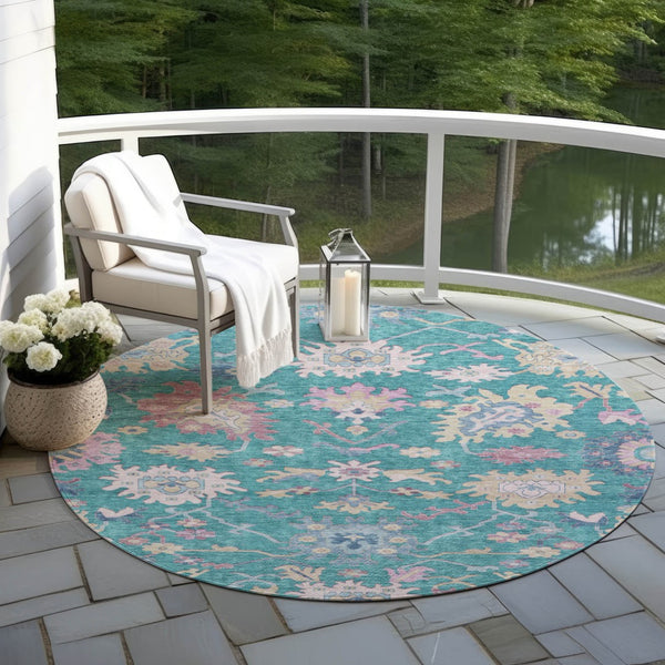 Homeroots 3' Blue Pink And Ivory Floral Washable Area Rug For Indoor And Outdoor Spaces, Durable And Stylish 8' Round Polyester 605339