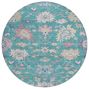 HomeRoots 5' Indoor Outdoor Area Rug in Teal Blue, Pink & Ivory Floral Design - Washable, Durable & Stylish 8' Round 605339