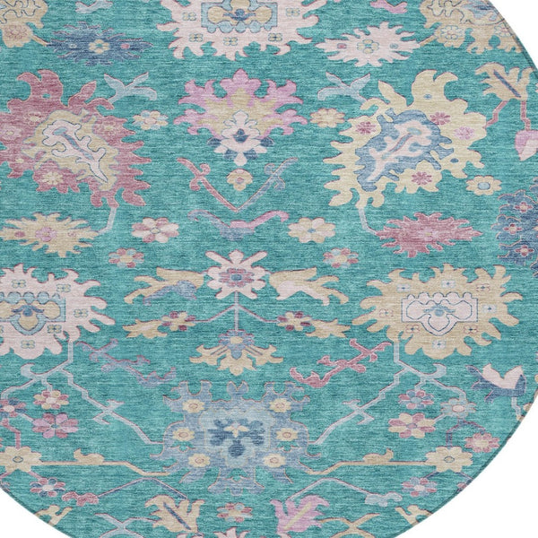 Homeroots 3' Blue Pink And Ivory Floral Washable Area Rug For Indoor And Outdoor Spaces, Durable And Stylish 8' Round Polyester 605339
