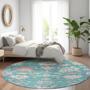 Homeroots 3' Blue Pink And Ivory Floral Washable Area Rug For Indoor And Outdoor Spaces, Durable And Stylish 8' Round Polyester 605339