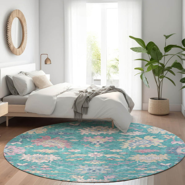 Homeroots 3' Blue Pink And Ivory Floral Washable Area Rug For Indoor And Outdoor Spaces, Durable And Stylish 8' Round Polyester 605339