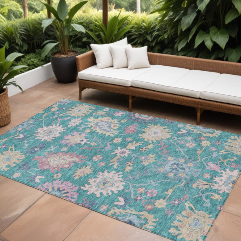 HomeRoots 9' X 12' Floral Area Rug in Teal Blue, Pink & Ivory - Durable, Washable & Perfect for Indoors/Outdoors 605341