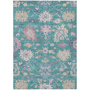 HomeRoots 9' X 12' Floral Area Rug in Teal Blue, Pink & Ivory - Durable, Washable & Perfect for Indoors/Outdoors 605341