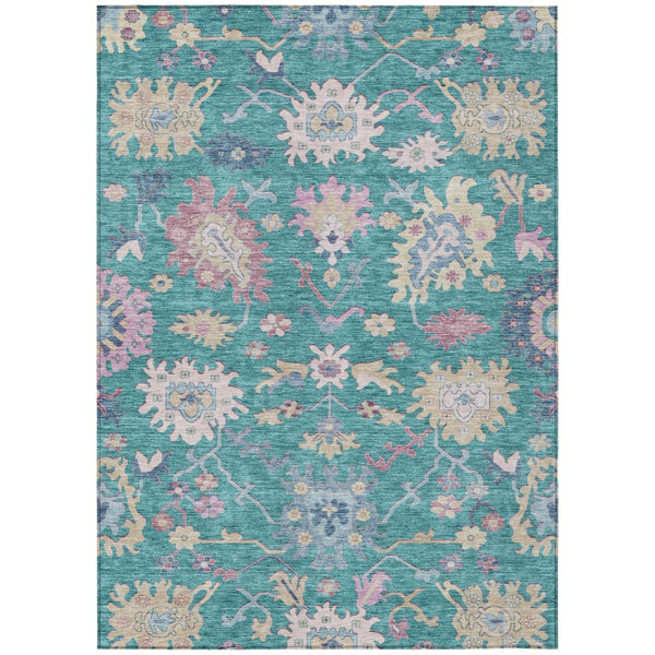 HomeRoots 5' Indoor Outdoor Area Rug in Teal Blue, Pink & Ivory Floral Design - Washable, Durable & Stylish 10' X 14' 605342
