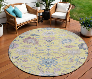 Homeroots 3' Blue Pink And Ivory Floral Washable Area Rug For Indoor And Outdoor Spaces, Durable And Stylish 8' Round Polyester 605345
