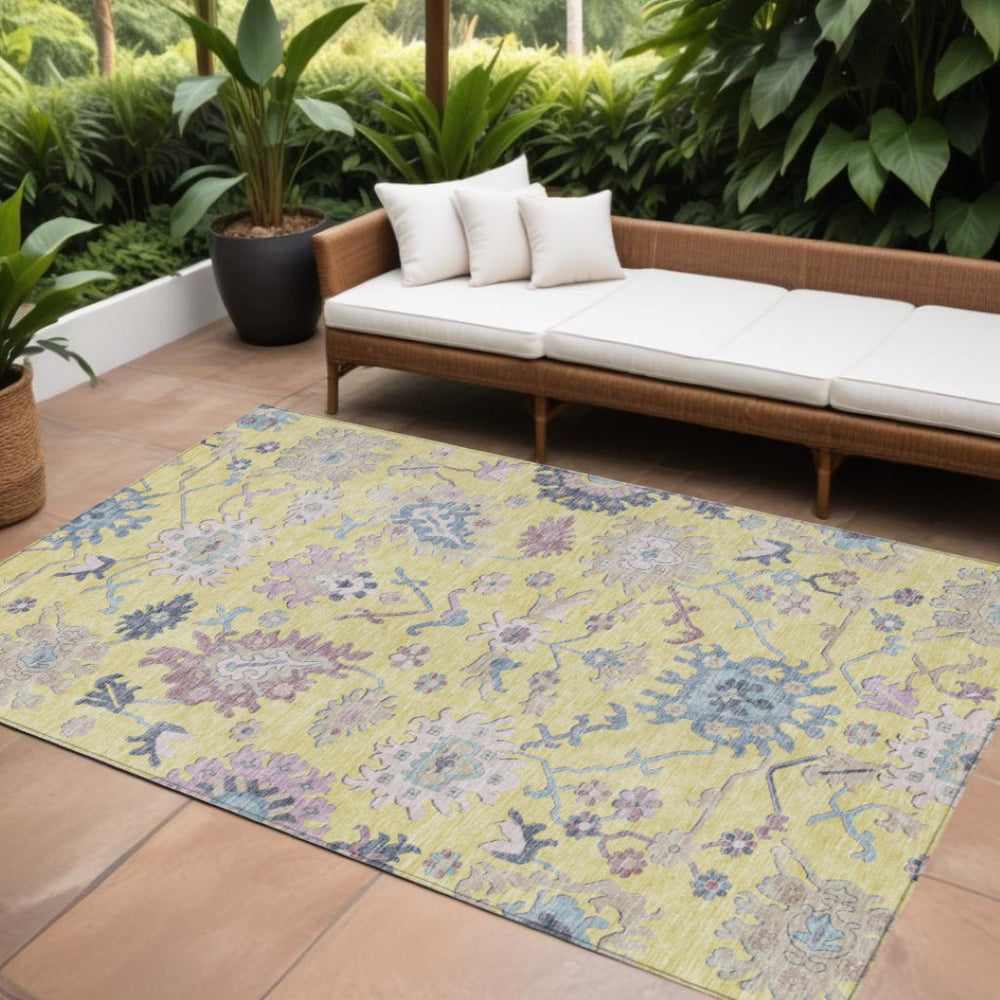 HomeRoots 5' Indoor/Outdoor Floral Area Rug in Yellow, Lavender & Denim Blue - Washable, Durable & Stylish 10' X 14' 605348