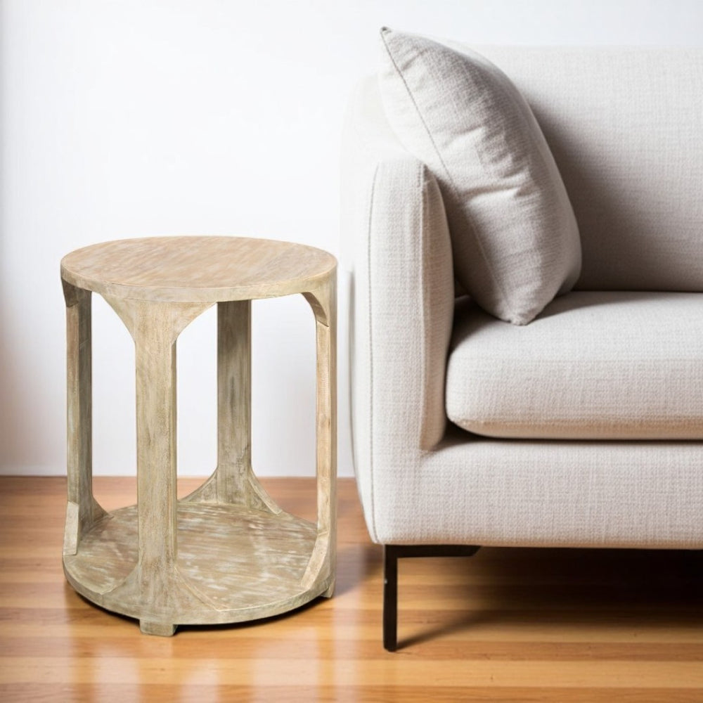 HomeRoots 24" Rustic Distressed Solid Wood Round End Table with Shelf - Vintage Charm for Any Room 605349