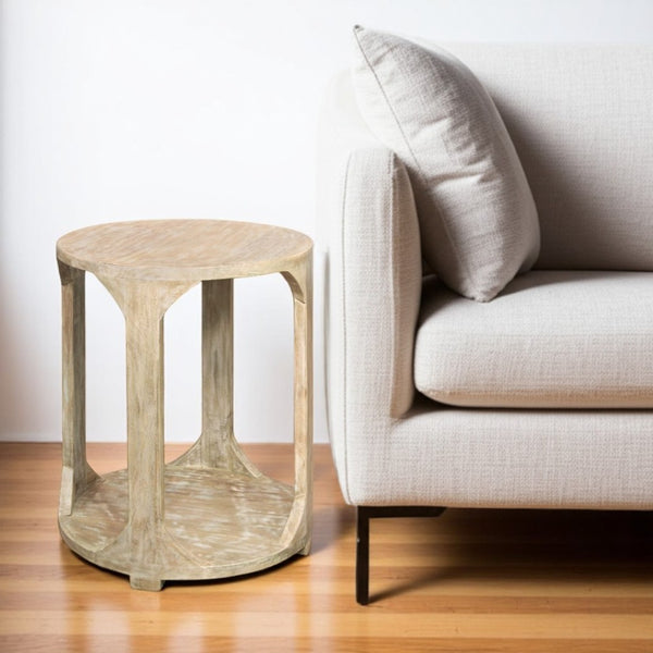 HomeRoots 24" Rustic Distressed Solid Wood Round End Table with Shelf - Vintage Charm for Any Room 605349
