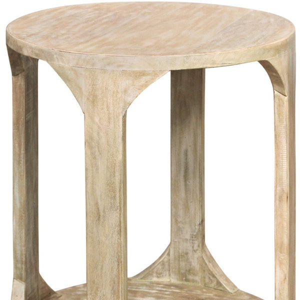 HomeRoots 24" Rustic Distressed Solid Wood Round End Table with Shelf - Vintage Charm for Any Room 605349