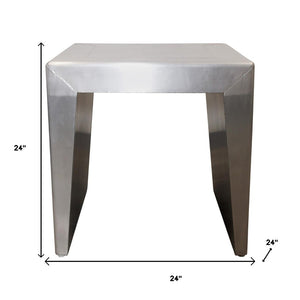 HomeRoots 24" Silver Aluminum & Solid Wood Square Sled End Table - Modern Industrial Accent for Any Room 605352
