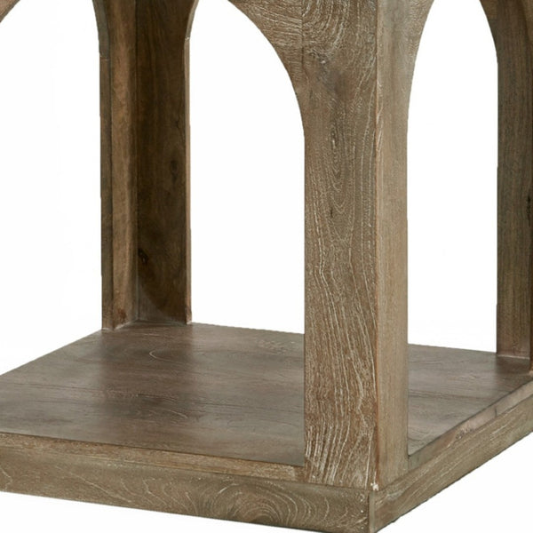 HomeRoots 24" Rustic Brown Distressed Solid Mango Wood Square Floor Shelf End Table for Versatile Use 605353